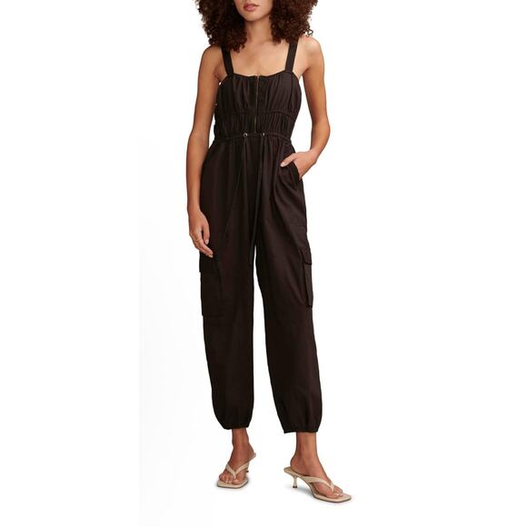 Lucky Brand Black Utility Cargo Jumpsuit Small Elastic Waist Zip Front One-Piece - Picture 1 of 12